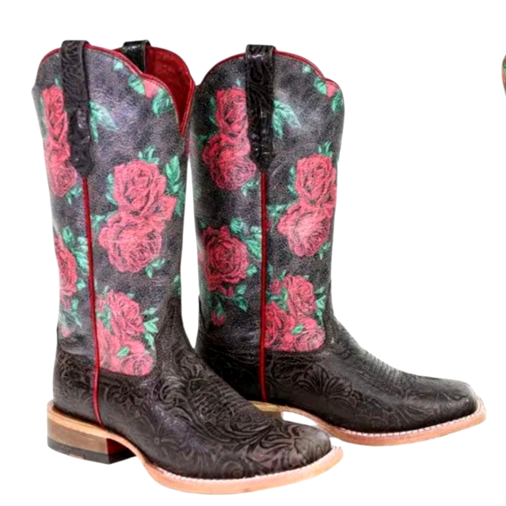 ARIAT #10046892 "Frontier Farrah" square toe brown/red floral cowgirl boots sz 9